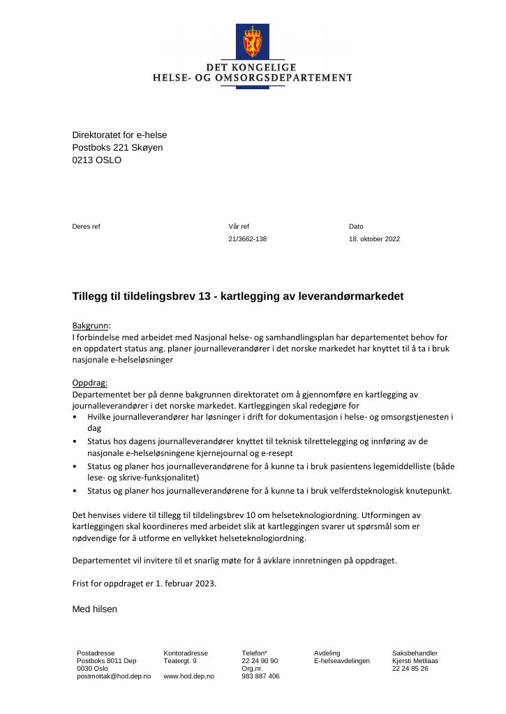 Forsiden av dokumentet Tildelingsbrev Direktoratet for e-helse 2022 - tillegg nr. 13