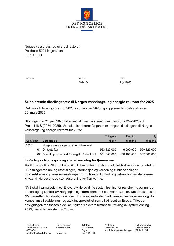 Forsiden av dokumentet Tildelingsbrev Norges vassdrags- og energidirektorat 2025 - tillegg nr. 2