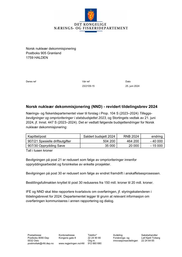 Forsiden av dokumentet Tildelingsbrev Norsk nukleær dekommisjonering 2024