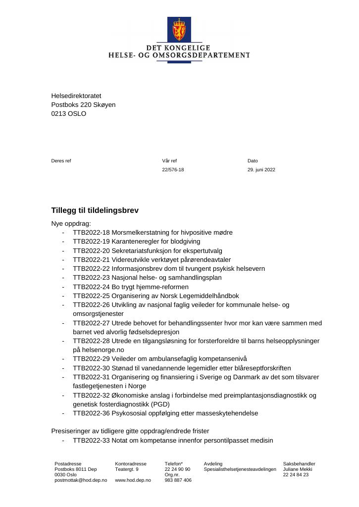 Forsiden av dokumentet Tildelingsbrev Helsedirektoratet 2022 - tillegg