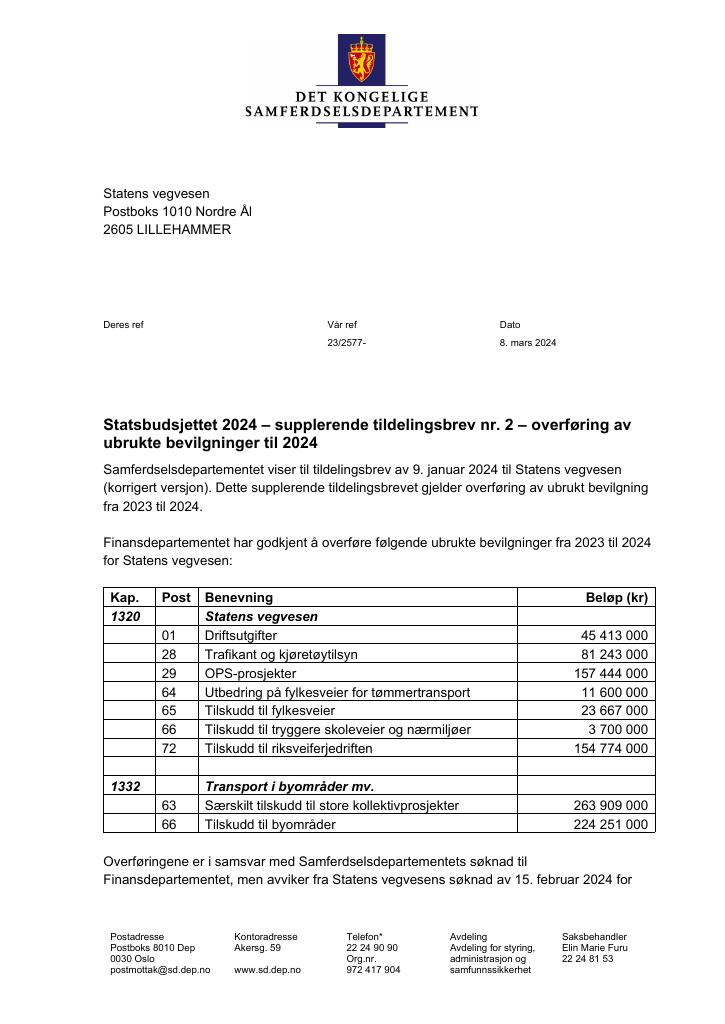 Forsiden av dokumentet Tildelingsbrev Statens vegvesen 2024 - tillegg nr. 2