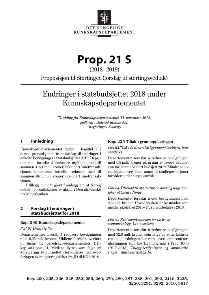 Forsiden av dokumentet Prop. 21 S (2018–2019)