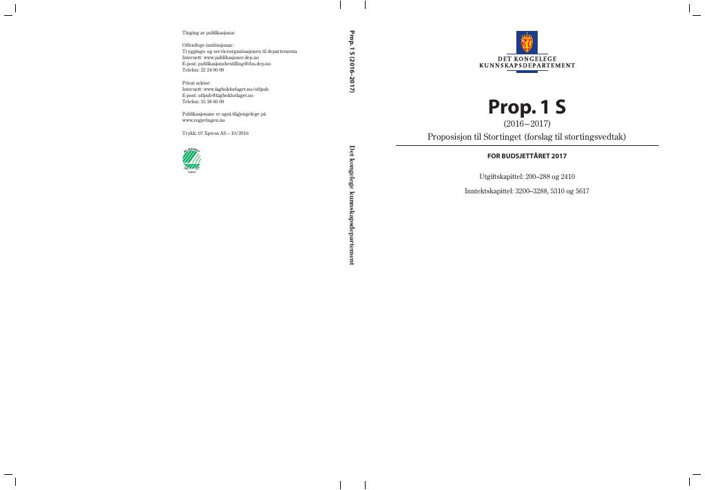 Forsiden av dokumentet Prop. 1 S (2016–2017)