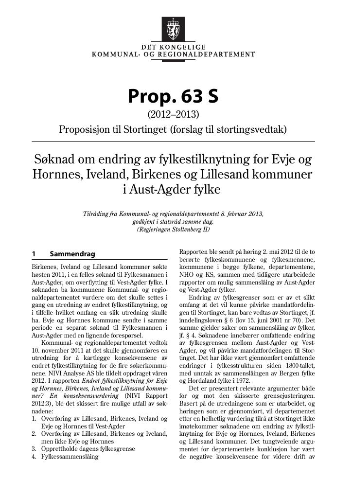 Forsiden av dokumentet Prop. 63 S (2012–2013)