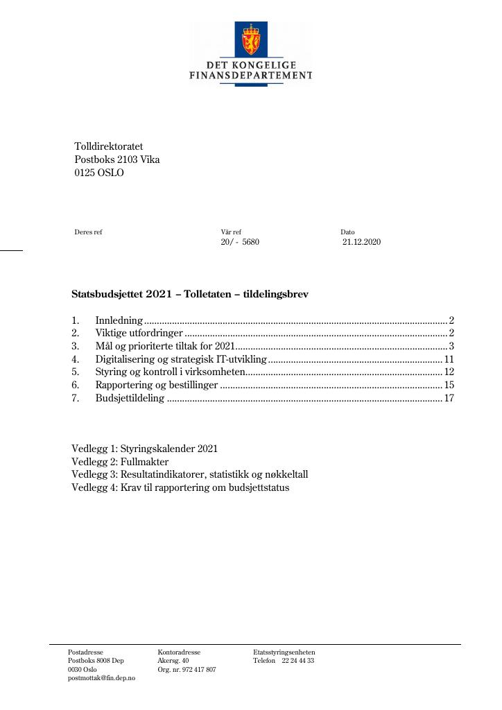 Forsiden av dokumentet Tildelingsbrev Tolletaten 2021