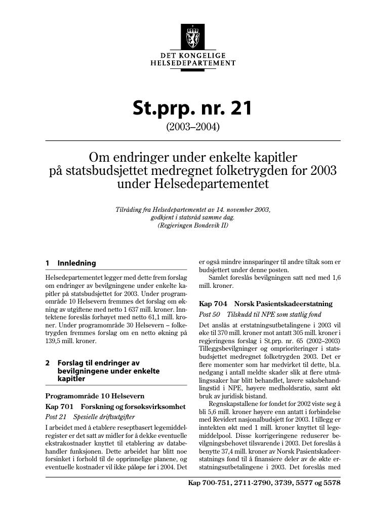Forsiden av dokumentet St.prp. nr. 21 (2003-2004)