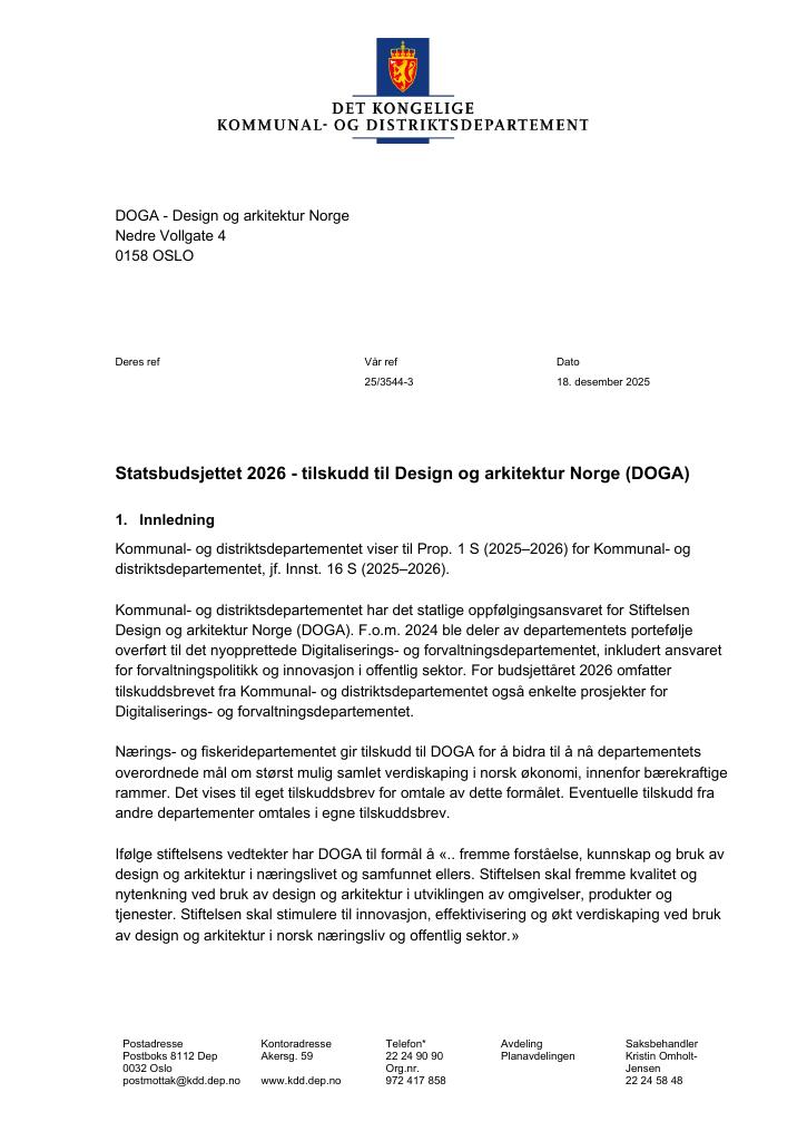 Forsiden av dokumentet Tilskuddsbrev Design og arkitektur Norge (DOGA) 2026