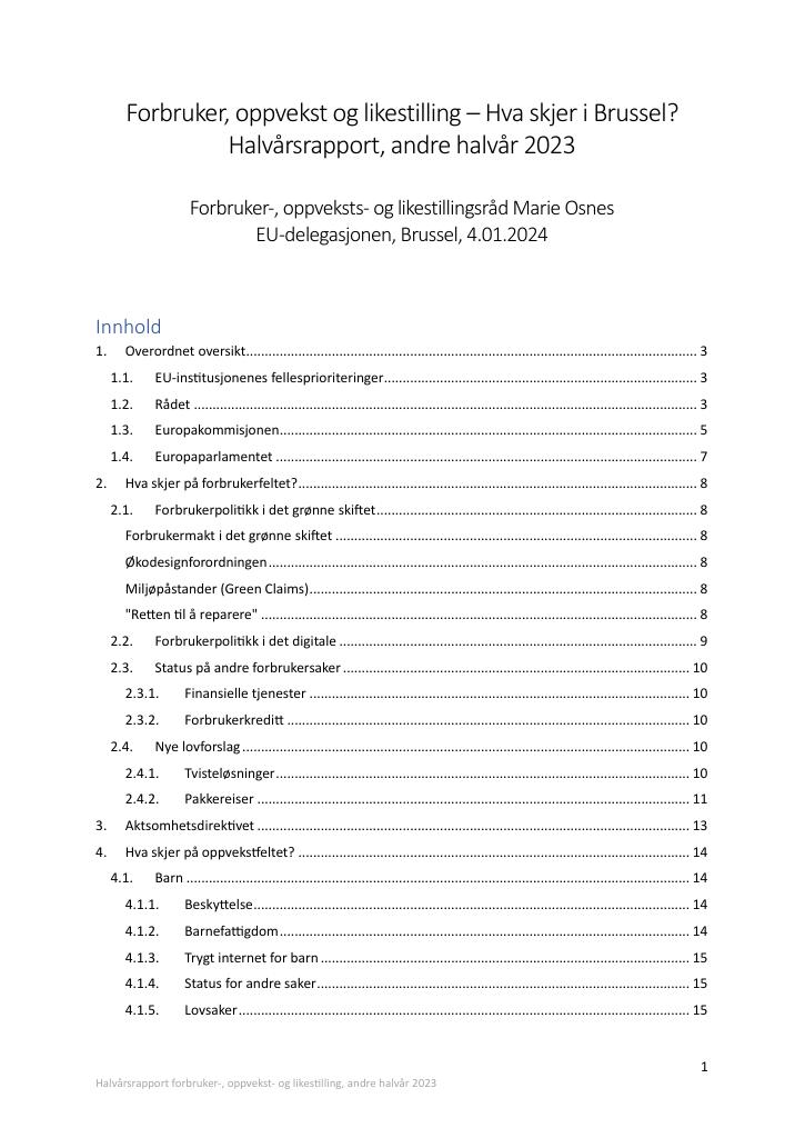 Forsiden av dokumentet EU-delegasjonens halvårsrapport forbruker-, oppvekst- og likestillingssaker