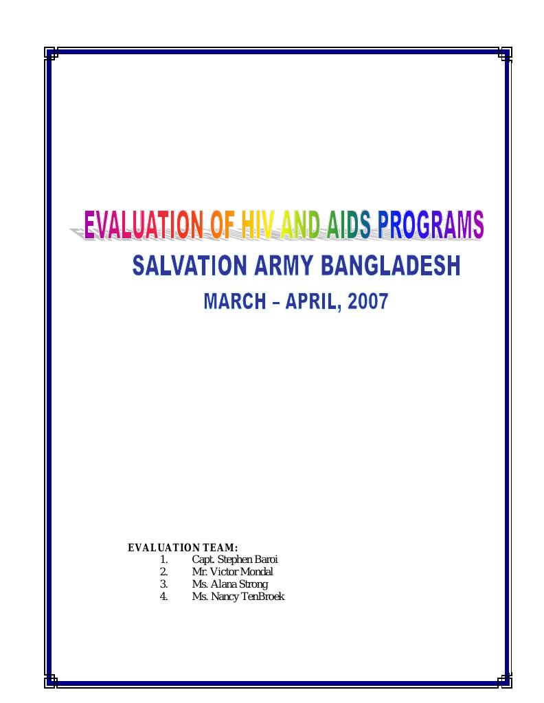 Forsiden av dokumentet Evaluation of HIV and AIDS Programs. Salvation Army Bangladesh, March-April, 2007