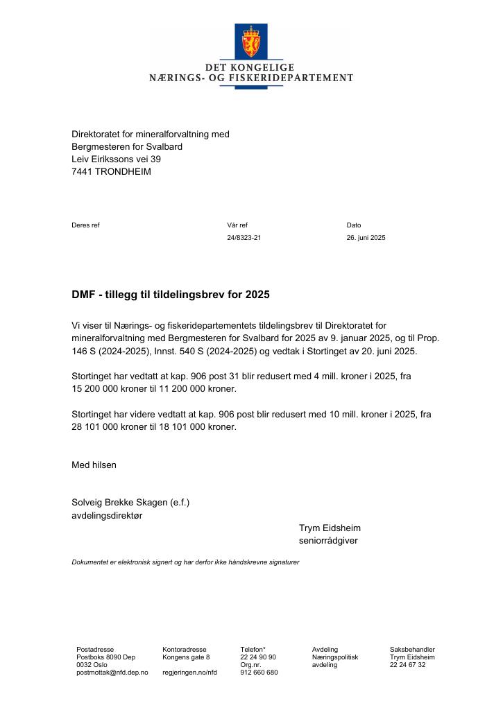 Forsiden av dokumentet Tildelingsbrev Direktoratet for mineralforvaltning 2025 - tillegg