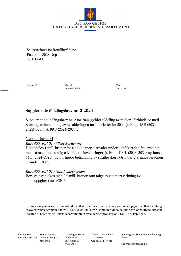 Forsiden av dokumentet Tildelingsbrev Konfliktrådet 2024 - tillegg nr. 2