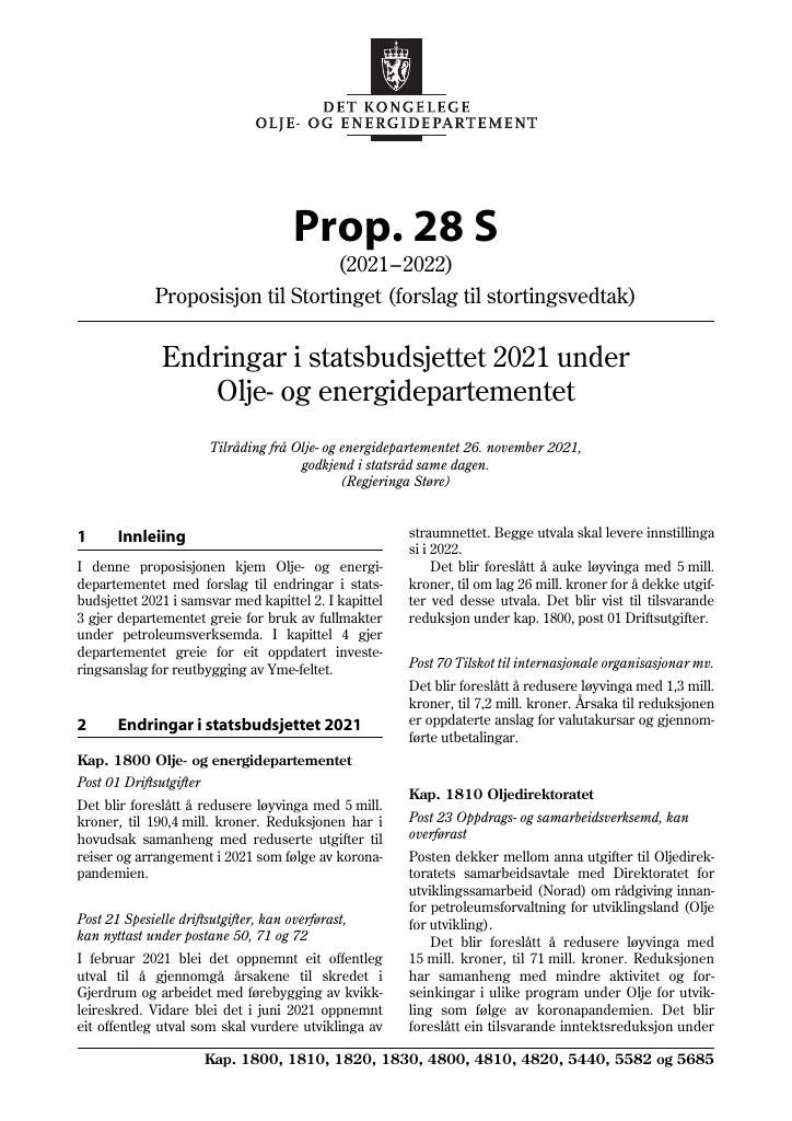 Forsiden av dokumentet Prop. 28 S (2021–2022)