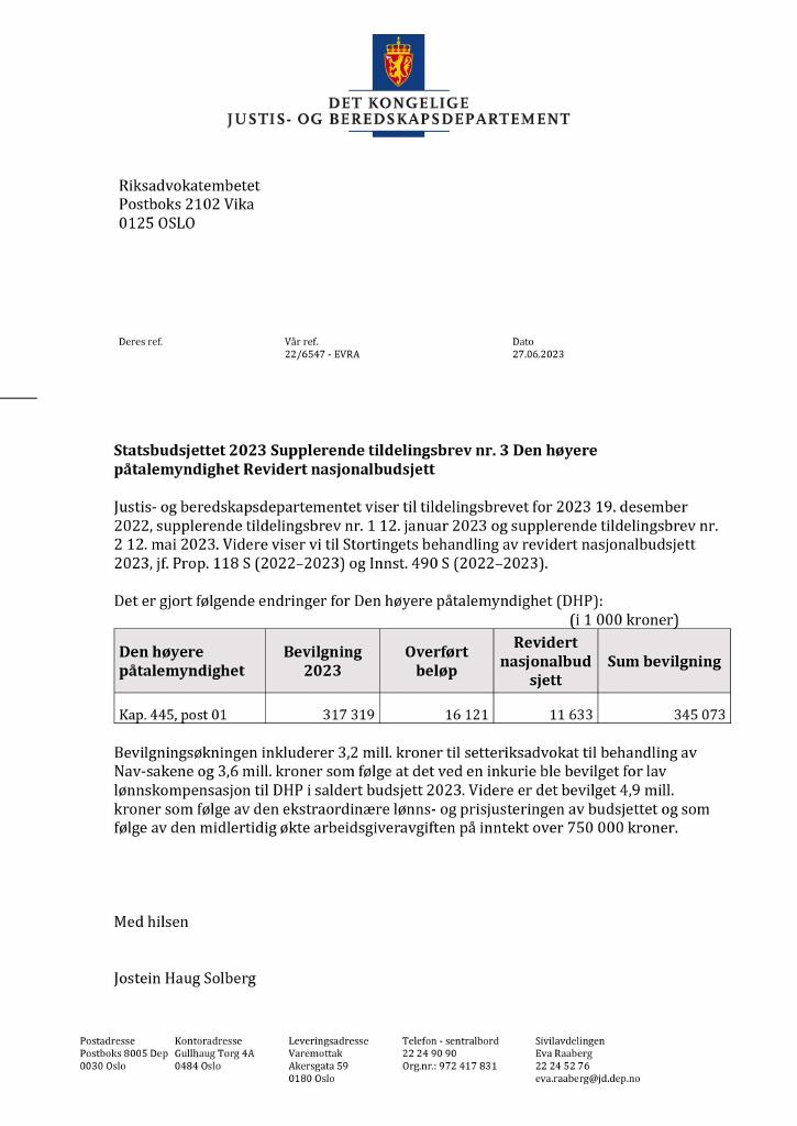 Forsiden av dokumentet Tildelingsbrev Riksadvokaten (Den høyere påtalemyndighet) 2023 - tillegg nr. 3