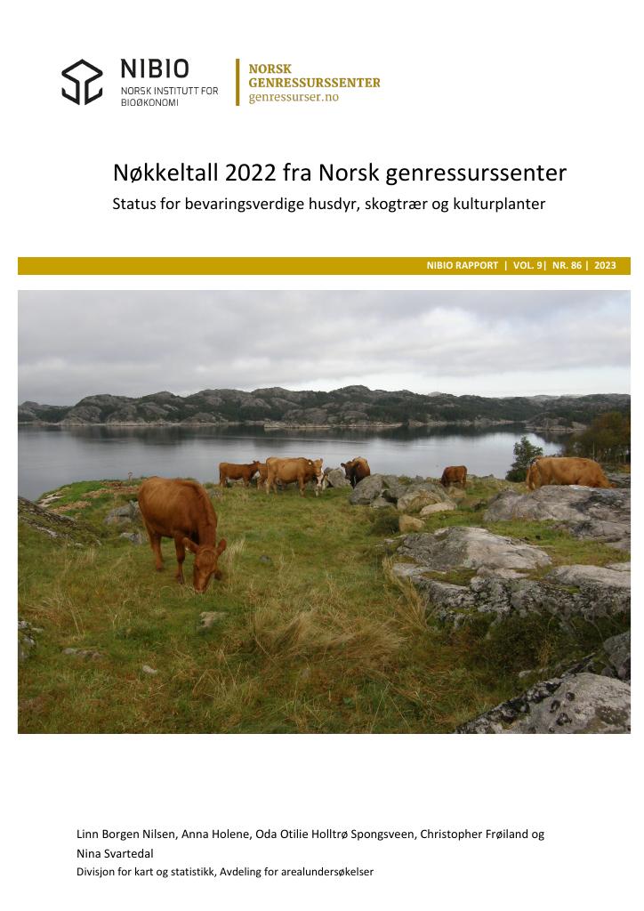 Forsiden av dokumentet Nøkkeltall 2022 fra Norsk genressurssenter : status for bevaringsverdige husdyr, skogtrær og kulturplanter