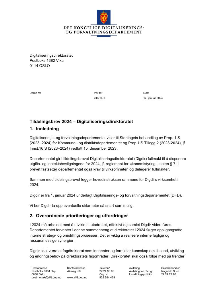 Forsiden av dokumentet Tildelingsbrev(pdf) 2024