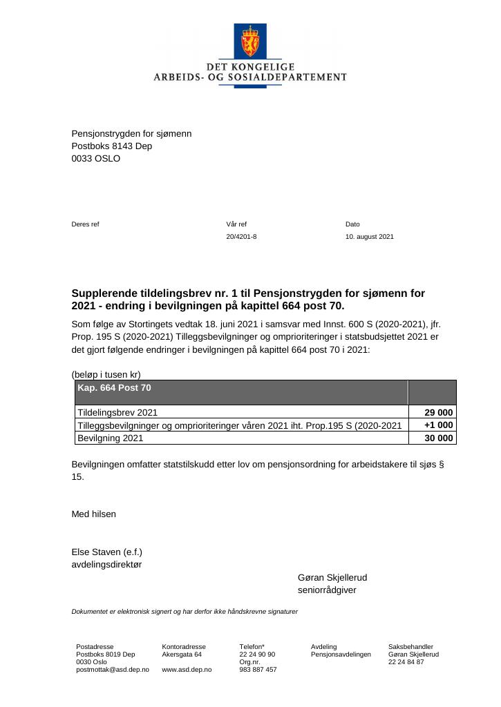 Forsiden av dokumentet Tildelingsbrev Pensjonstrygden for sjømenn 2021 - tillegg nr. 1