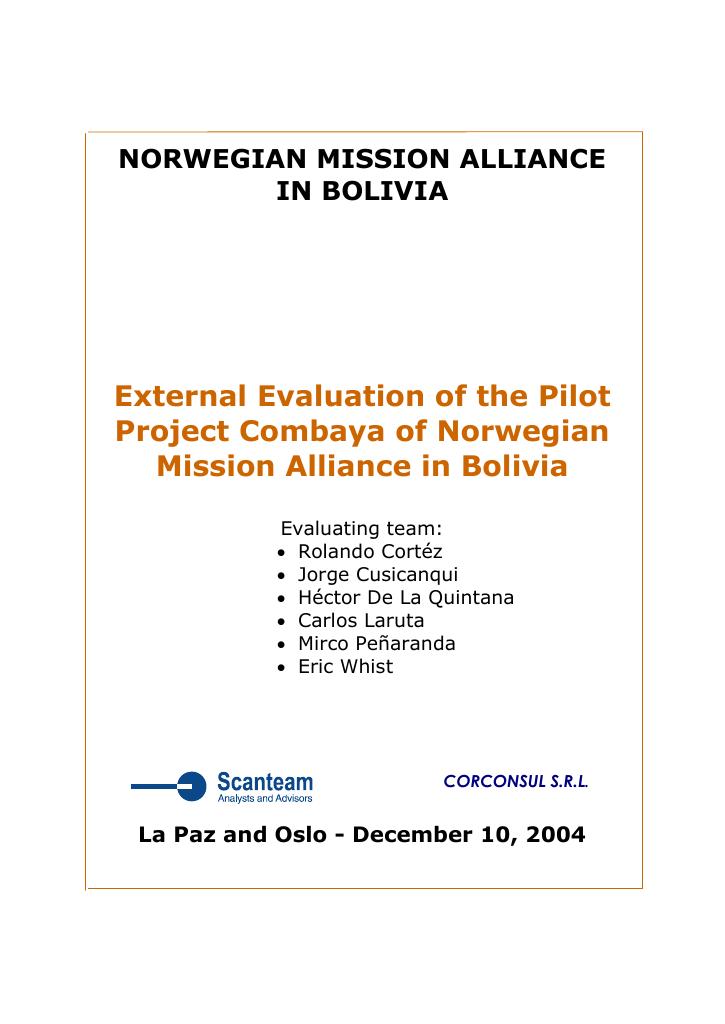 Forsiden av dokumentet External Evaluation of the Pilot Project Combaya of Norwegian Mission Alliance in Bolivia