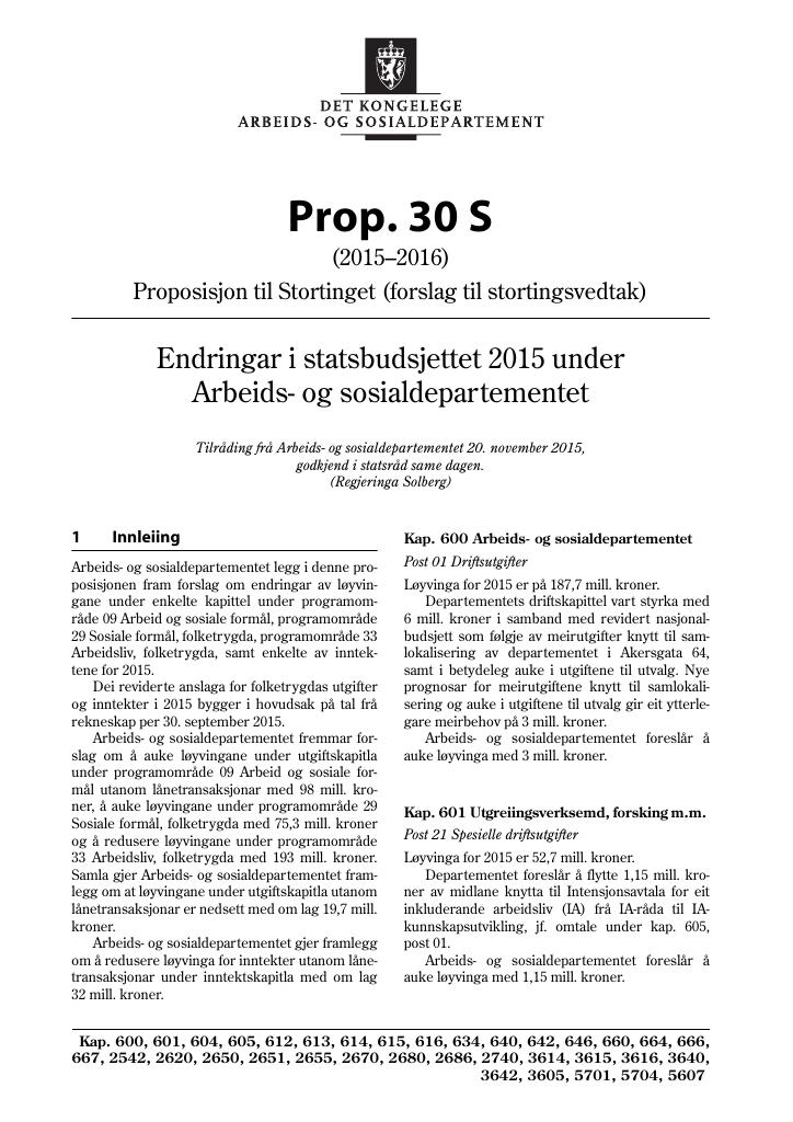 Forsiden av dokumentet Prop. 30 S (2015–2016)