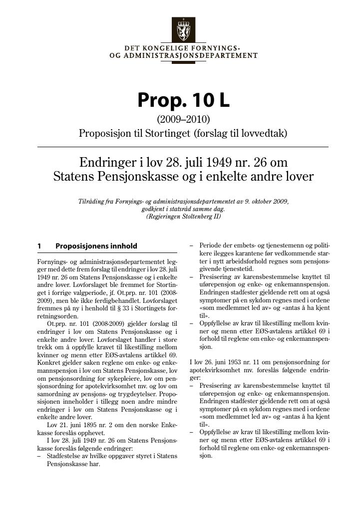 Forsiden av dokumentet Prop. 10 L (2009-2010)