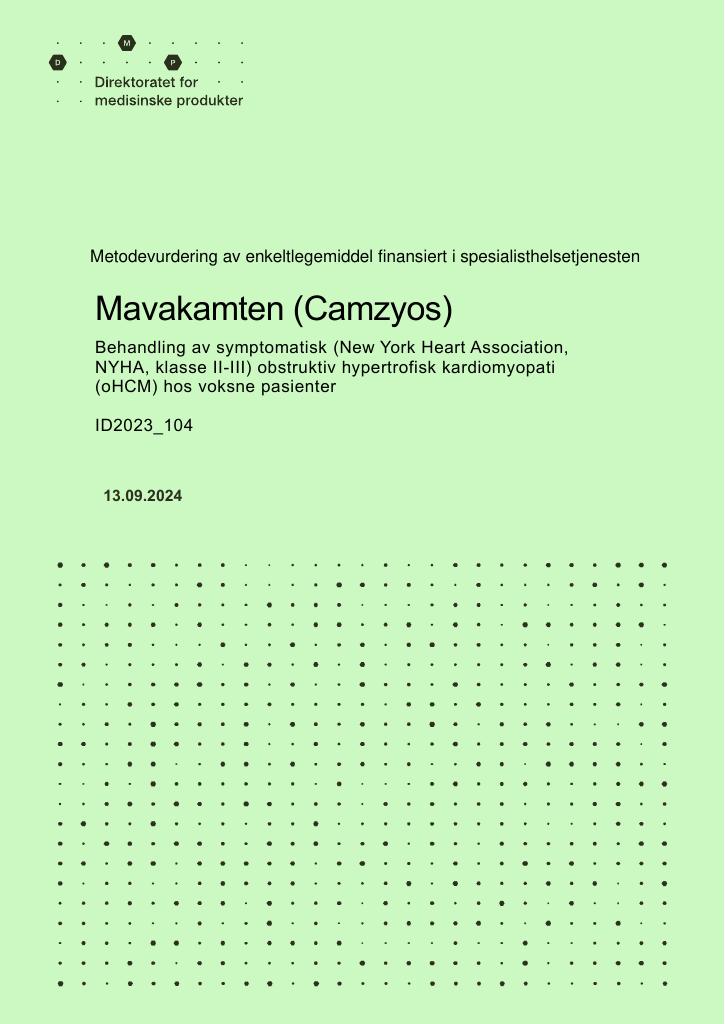 Forsiden av dokumentet Mavakamten (Camzyos) : Behandling av symptomatisk (New York Heart Association, NYHA, klasse II-III) obstruktiv hypertrofisk kardiomyopati (oHCM) hos voksne pasienter
