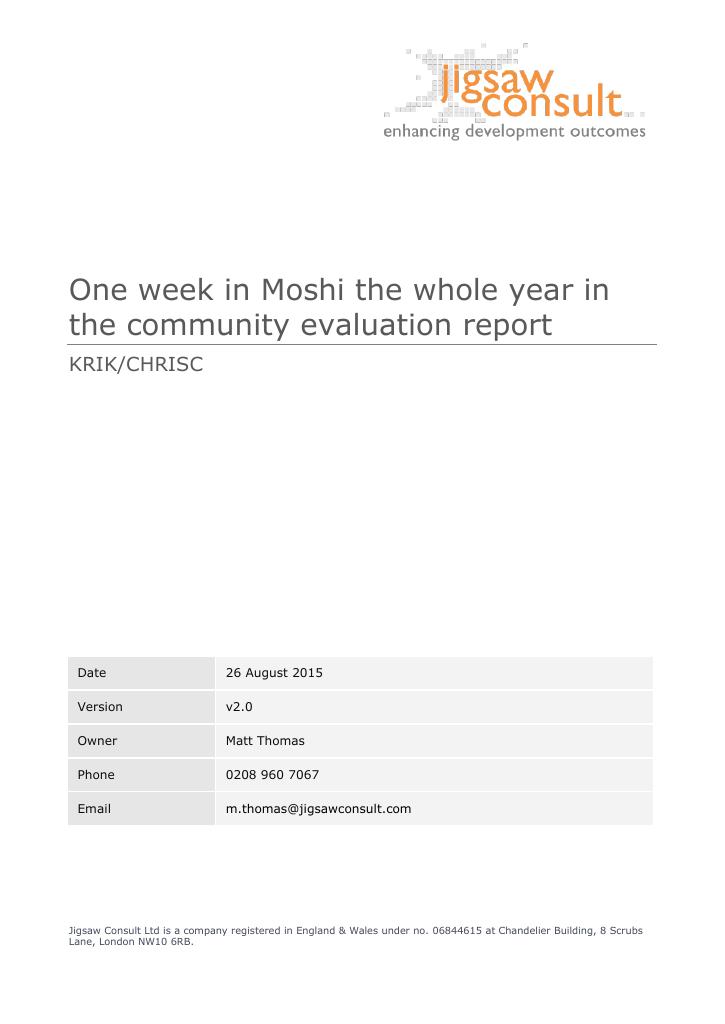 Forsiden av dokumentet One Week in Moshi 10733 evaluation report