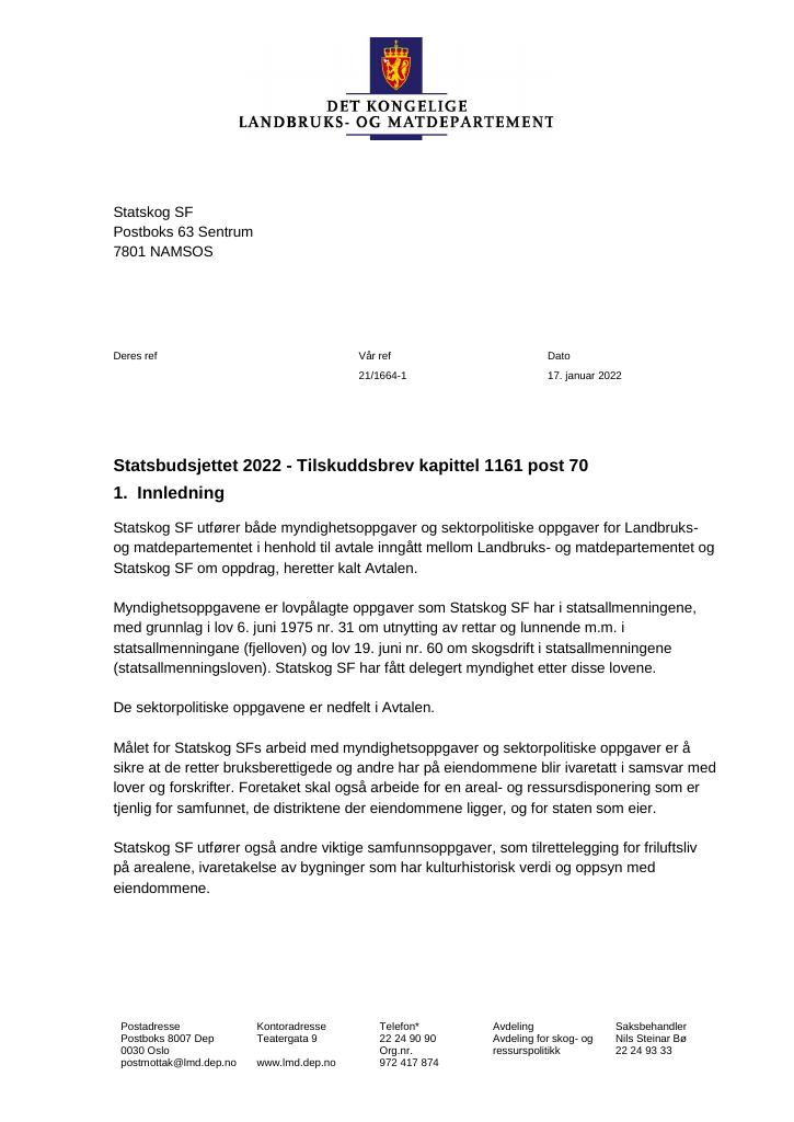 Forsiden av dokumentet Statsbudsjettet 2022 - Tilskuddsbrev kapittel 1161 post 70