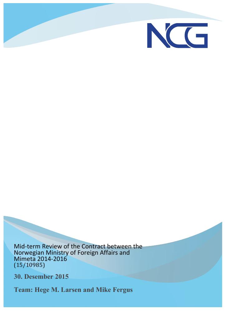 Forsiden av dokumentet Mid-term Review of the Contract between the Norwegian Ministry of Foreign Affairs and Mimeta 2014-2016