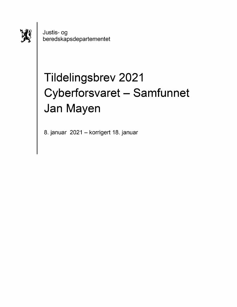 Forsiden av dokumentet Tildelingsbrev Cyberforsvaret - Samfunnet Jan Mayen 2021