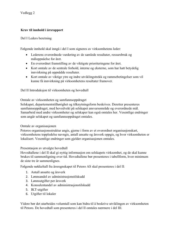 Forsiden av dokumentet Vedlegg 2 - Krav til innhold i årsrapport - Petoro AS