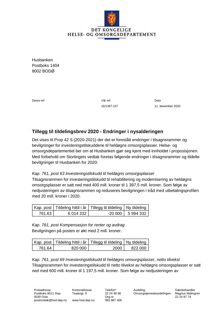 Forsiden av dokumentet Tildelingsbrev Husbanken 2020 - tillegg