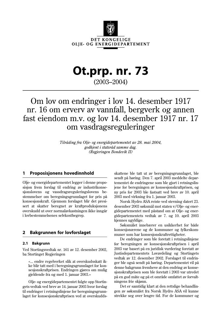 Forsiden av dokumentet Ot.prp. nr. 73 (2003-2004)