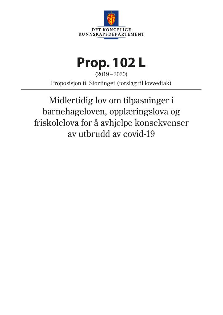 Forsiden av dokumentet Prop. 102 L (2019–2020)