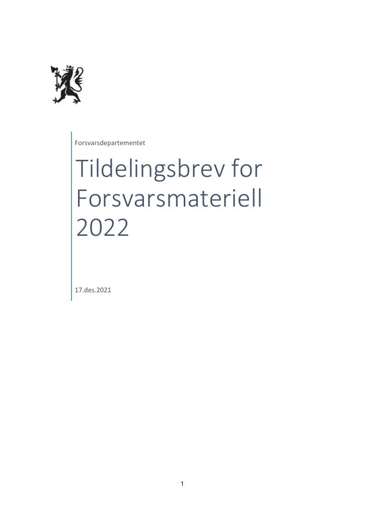 Forsiden av dokumentet Tildelingsbrev Forsvarsmateriell 2022