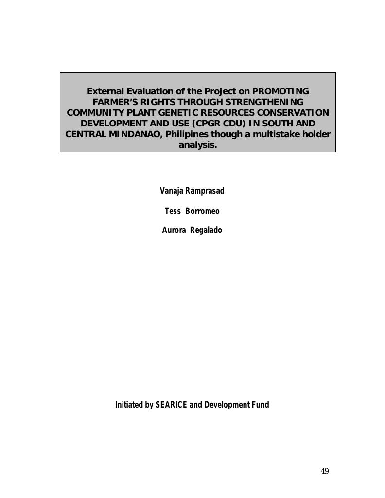 Forsiden av dokumentet Evaluation of the project “Promoting farmers’ rights through strengthening community plant genetic resources conservation, development and use (CPGR CDU) in south and central Mindanao”