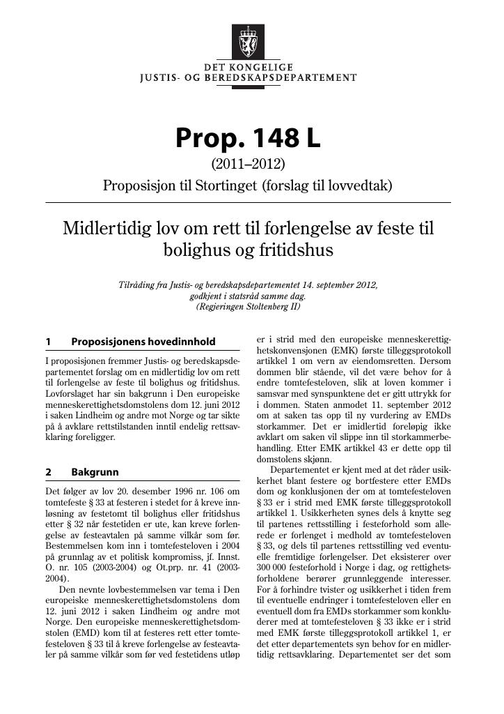 Forsiden av dokumentet Prop. 148 L (2011–2012)