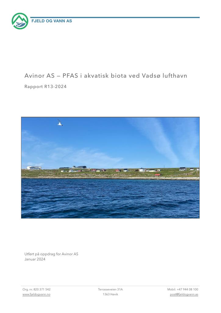 Forsiden av dokumentet Avinor AS — PFAS i akvatisk biota ved Vadsø lufthavn : Rapport R13-2024