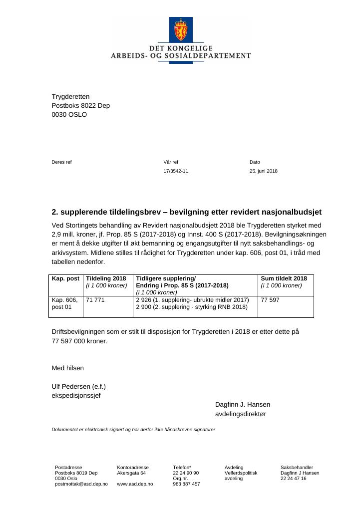 Forsiden av dokumentet Supplerende tildelingsbrev nr. 2 Trygderetten 2018