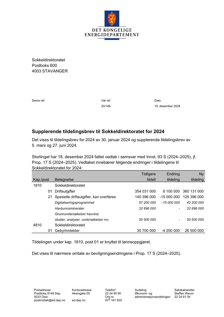 Forsiden av dokumentet Tildelingsbrev Sokkeldirektoratet 2024 - tillegg nr. 3