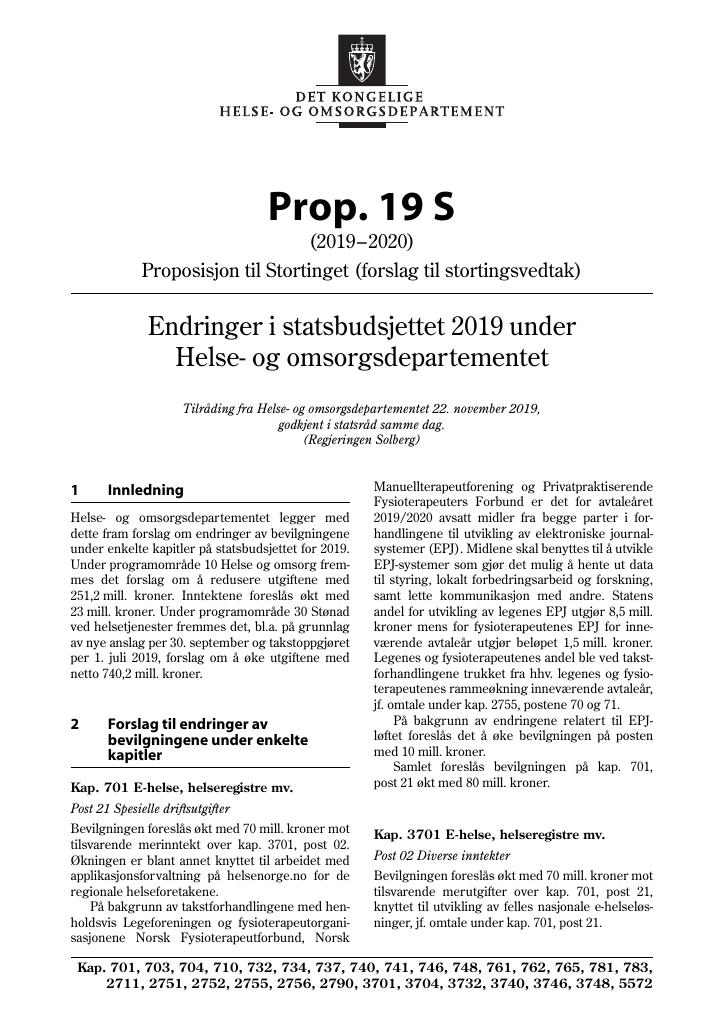 Forsiden av dokumentet Prop. 19 S (2019–2020)