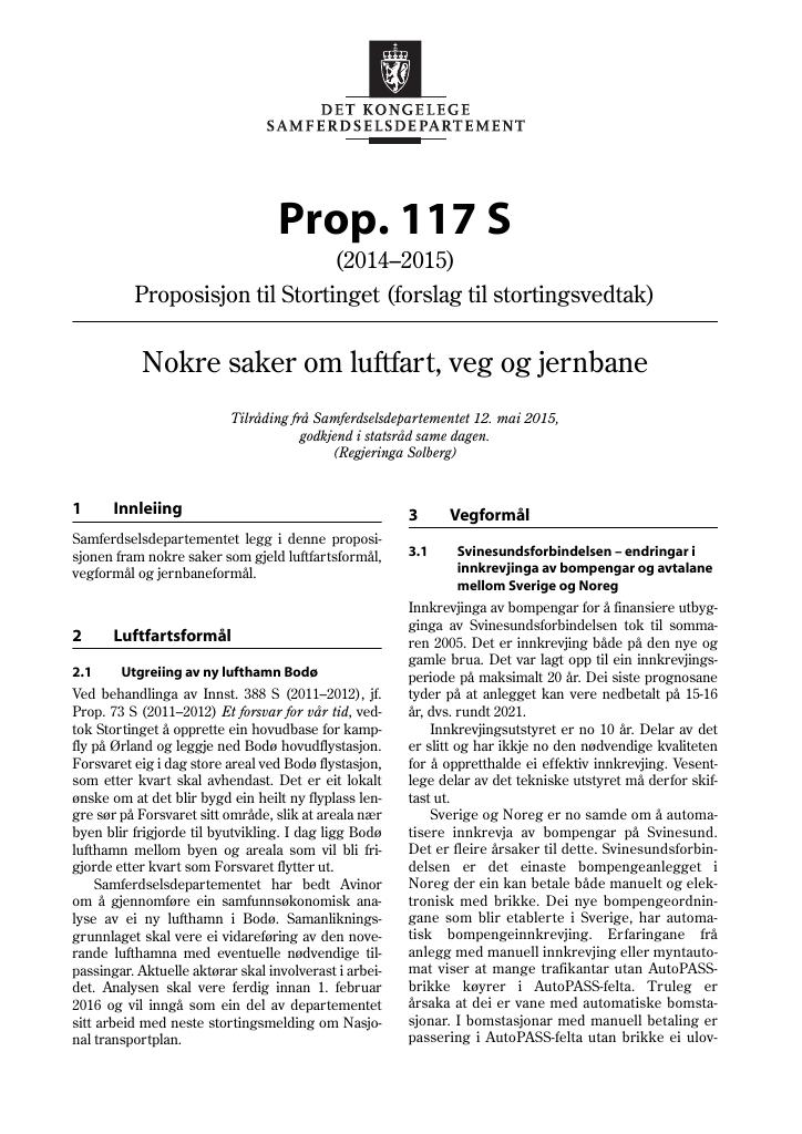 Forsiden av dokumentet Prop. 117 S (2014-2015)