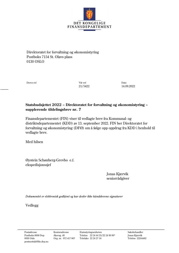 Forsiden av dokumentet Tildelingsbrev DFØ 2022 - tillegg nr. 7