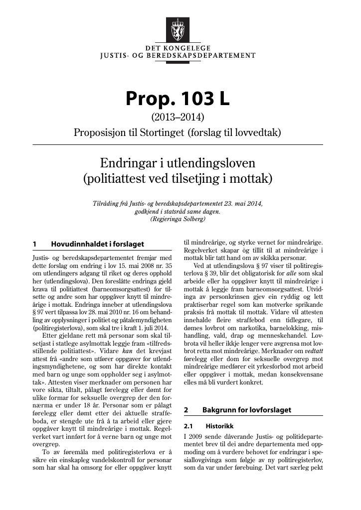Forsiden av dokumentet Prop. 103 L (2013–2014)