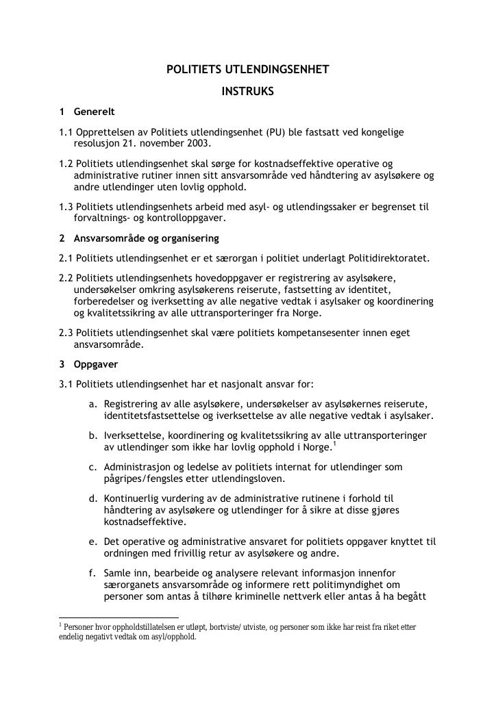 Forsiden av dokumentet Instruks for Politiets utlendingsenhet