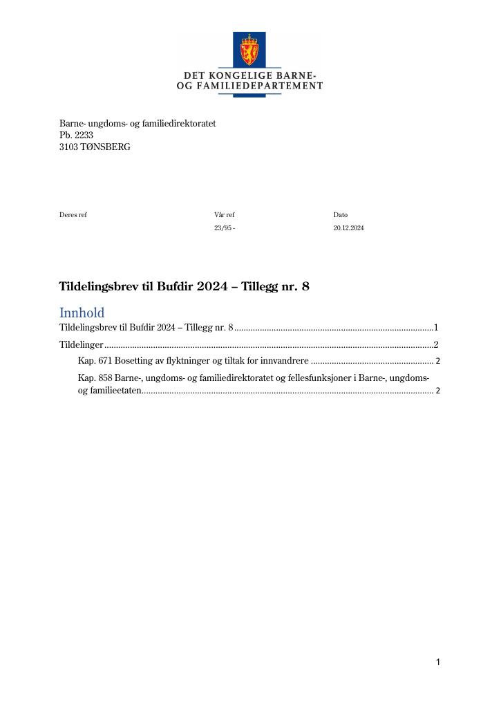 Forsiden av dokumentet Tildelingsbrev Bufdir 2024 - tillegg nr. 8