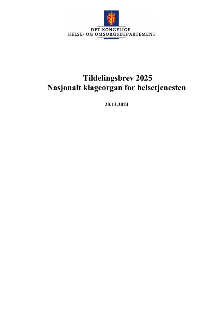 Forsiden av dokumentet Tildelingsbrev Nasjonalt klageorgan for helsetjenesten 2025