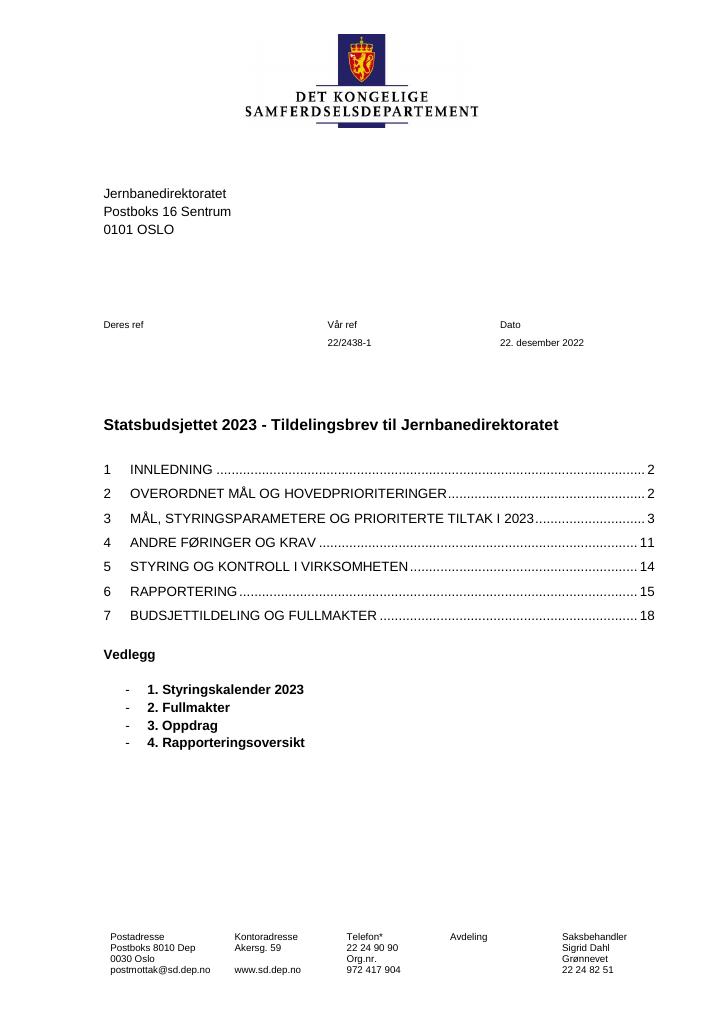 Forsiden av dokumentet Tildelingsbrev Jernbanedirektoratet 2023