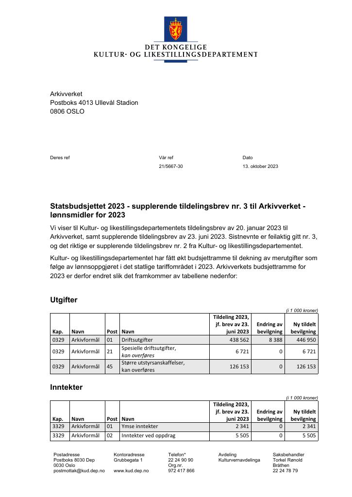 Forsiden av dokumentet Tildelingsbrev Arkivverket 2023 - tillegg nr. 3