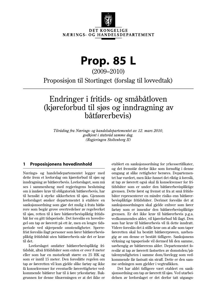 Forsiden av dokumentet Prop. 85 L (2009-2010)