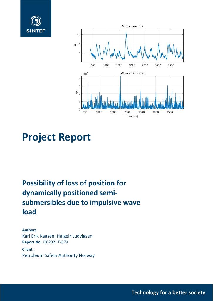 Forsiden av dokumentet Possibility of loss of position for 
dynamically positioned semisubmersibles due to impulsive wave 
load