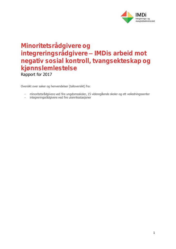 Forsiden av dokumentet Minoritetsrådgivere og integreringsrådgivere – IMDis arbeid mot negativ sosial kontroll, tvangsekteskap og kjønnslemlestelse